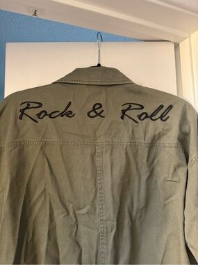 Olive Green Military Field Jacket with 'Rock & Roll' Embroidery